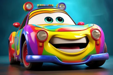 Schilderijen op glas Smiling cartoon multi-colored car, ultra detailed, 3D © Mariia