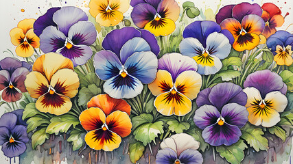 colorful pansy flowers in the garden painted with watercolors