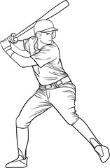 baseball player hitting ball, vector outline illustration. Design element, coloring book page