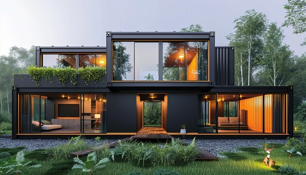 Modern container house, Modern shipping container house, modern industry exterior style house made from converted shipping container, Modern shipping container house home, tiny house in sunny day. Shi
