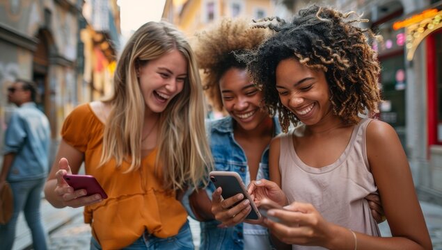 Three happy young friends watching a smart phone mobile outdoors - Millennials women using cellphone on city street - Technology, social, friendship and youth concept. looking at their phone