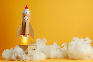 Children's cardboard rocket on a yellow background with launching smoke and copy space. High quality photo