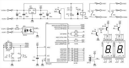 Schematic diagram of electronic device.
Vector drawing electrical circuit with 
led, microcontroller, integrated circuit, button, 
resistor, capacitor, diode, transistor
on background of paper sheet.