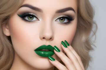 portrait of a girl with green lips and green nail polish