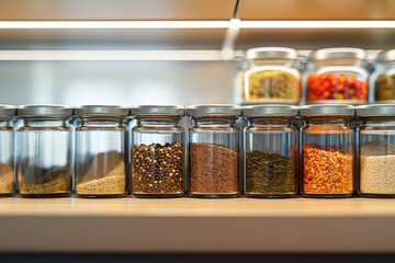 A photograph of a modern kitchen cabinet, in which glass and metal jars with a variety of spices...