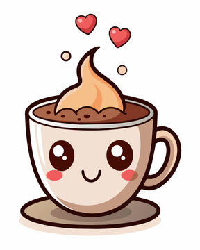 A smiling kawaii  cup of coffee with a cute face emits steam that twists into heart shapes, suggesting warmth and love