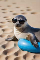 seal in sunglasses sunbathing on the beach