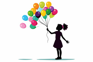 Silhouette of a Girl Holding Colorful Balloons on a White Background 