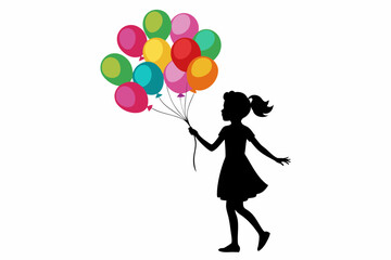 Silhouette of a Girl Holding Colorful Balloons on a White Background 