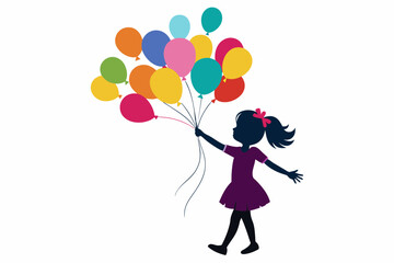 Silhouette of a Girl Holding Colorful Balloons on a White Background 