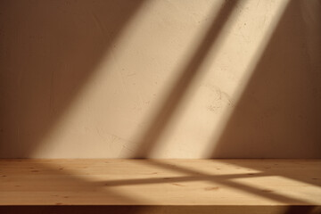 Empty wooden table on stucco brown background with natural shadow on the wall. 