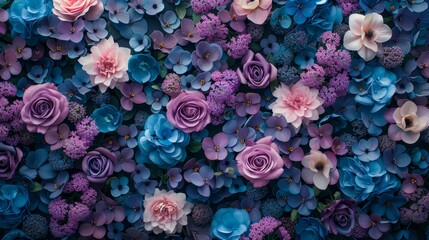   A tight shot of an array of flowers, with purple and blue blooms at the center, situated at the image's bottom - obrazy, fototapety, plakaty