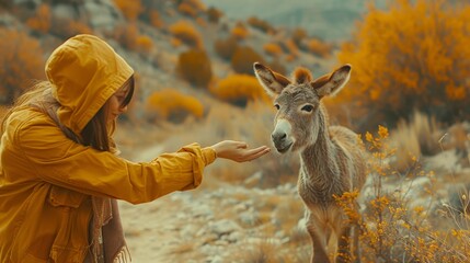   A woman in a yellow jacket pets a donkey by the roadside, surrounded by yellow flowers