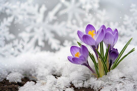 A close up of purple flowers in snow with a frosted background. Generative AI.