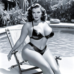 Vintage Beauty Elegant Woman in Retro Swimsuit.    Black and White Portrait.Black and White Portrait: