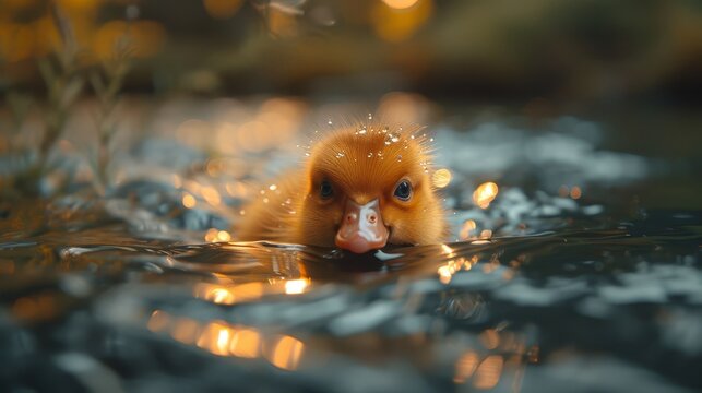   A tight shot of a duck submerged in water, its face illuminated by reflected light