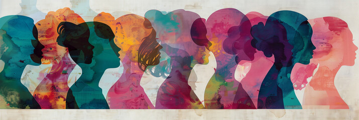 Colorful Silhouettes of Diverse People, Artistic Concept on Unity and Community, with Copy - obrazy, fototapety, plakaty