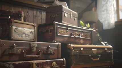 A set of old-fashioned suitcases - obrazy, fototapety, plakaty