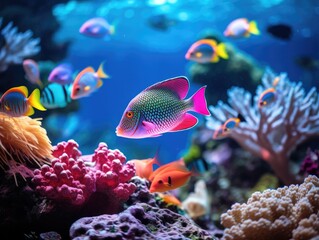 Naklejka na ściany i meble A group of fish swimming in an aquarium. Generative AI.