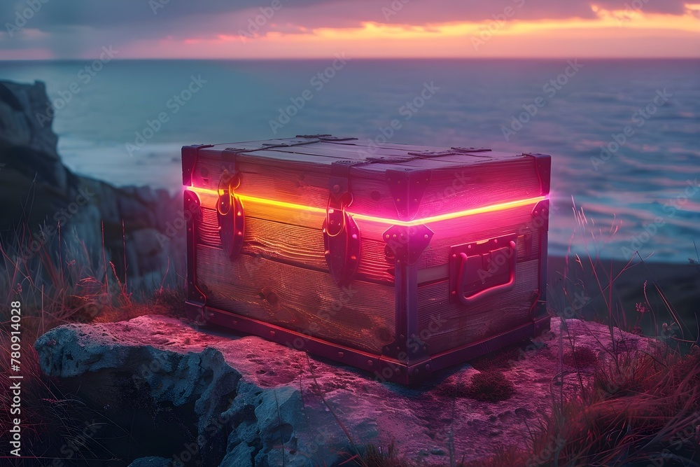 Poster digital treasure chest with colorful encryption for secure cryptocurrency and banking. concept encry