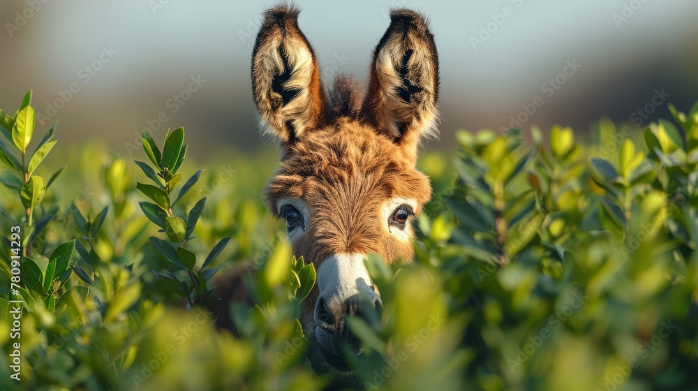 Sticker   A tight shot of a giraffe's face amidst bushy surroundings, contrasted against a blue backdrop