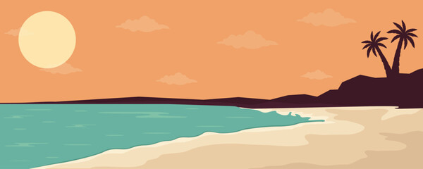 Fototapeta na wymiar Summer tropical background with ocean, beach, and palm trees. Vector illustration