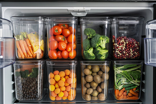 Photo of a modern refrigerator neatly stocked with vegetables, fruits and herbs in special containers, in a minimalist style.