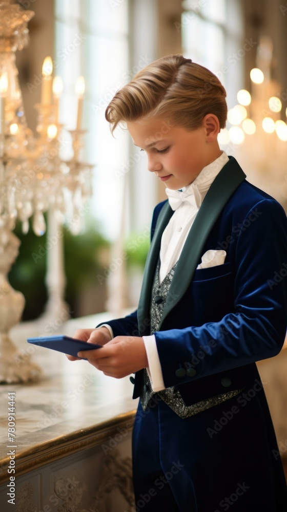Poster a boy in a tuxedo is looking at a tablet. generative ai.
