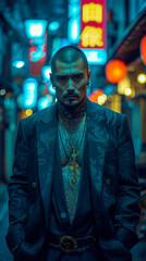 Obraz premium A Mature Japanese Gangster in Traditional Attire. Yakuza Portrait