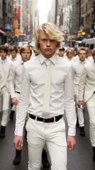 Fototapeta premium A young man in white clothes walking down a street. Generative AI.