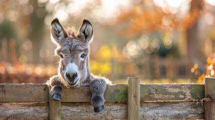   A donkey leans over a wooden fence, gazing beyond it with a curious look towards the camera - obrazy, fototapety, plakaty