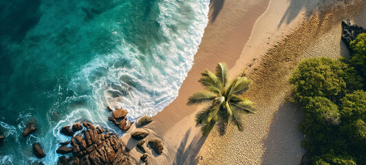 Aerial view of a tropical beach with palm trees and turquoise ocean
