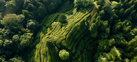 Aerial view of ecological tea garden rows, Agricultural and farming concept