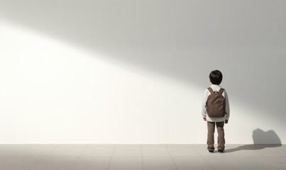 A boy standing in front of a white wall with a backpack. Generative AI.