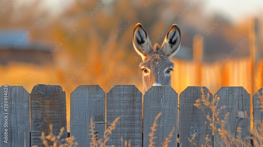 Canvas Prints a donkey gazes intently at something beyond a fence grass blankets the foreground, while a building 