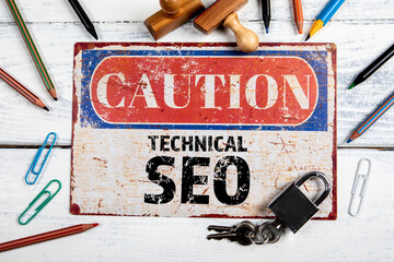 Technical SEO. Metal CAOTION plate with text on a white wooden background