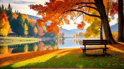 a serene autumn scene with a bench under trees with colorful fall foliage, overlooking a calm lake reflecting the trees and the clear blue sky
