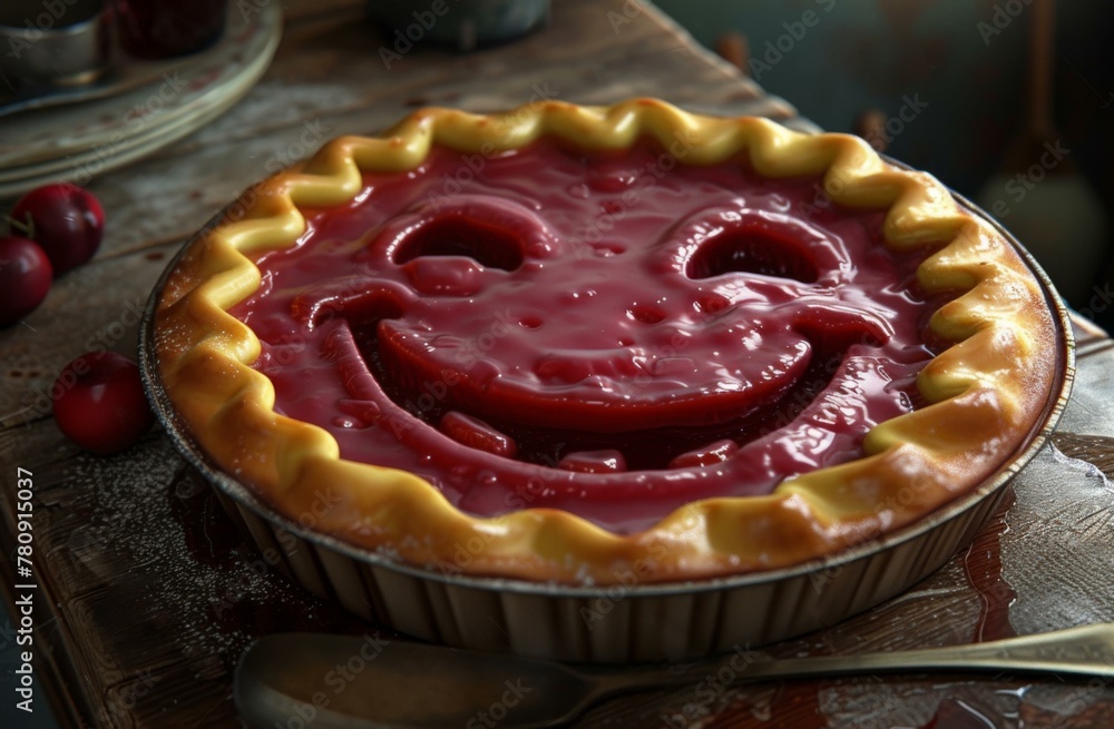 Poster a pie with a smiley face on it. generative ai.