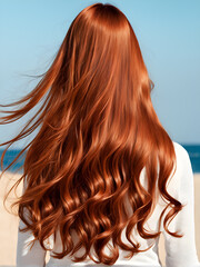 Naklejka premium red-haired girl with long curly flowing hair, advertisment shampoo
