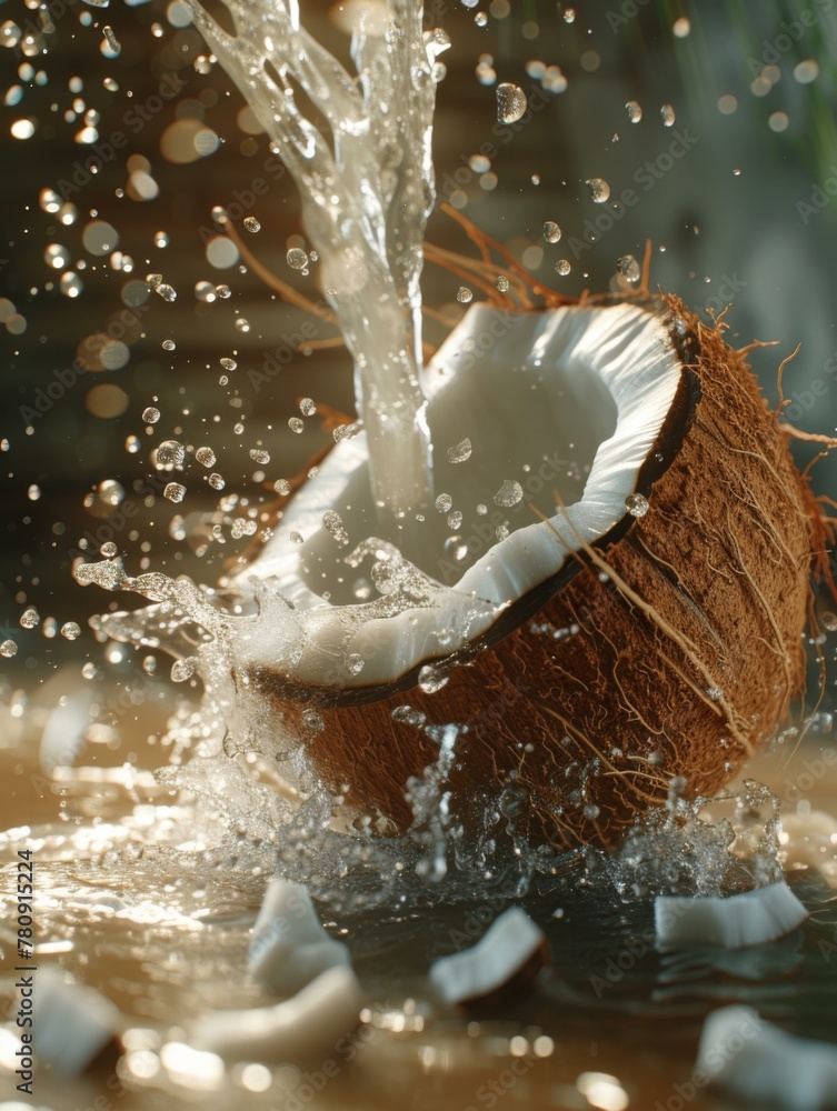 Poster a coconut being splashed with water. generative ai.