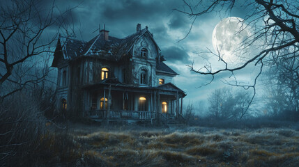 Abandoned house with lit windows under a full moon night.