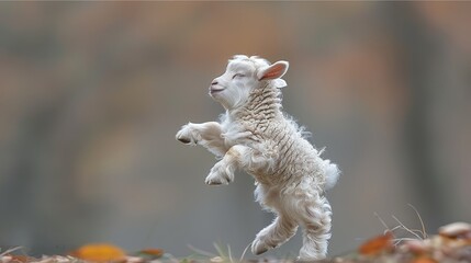 Obraz premium A small white lamb, standing on hind legs, paws lifted in front, against a blurred backdrop