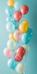Fototapeta na wymiar Multicolored balloons tied with strings on a light blue background
