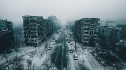 Desolate winter cityscape showing the aftermath of a battle, with empty streets and abandoned buildings.