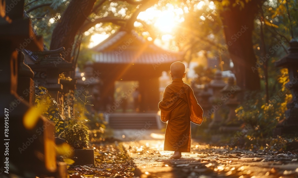 Poster A monk walking down a path in the woods. Generative AI.