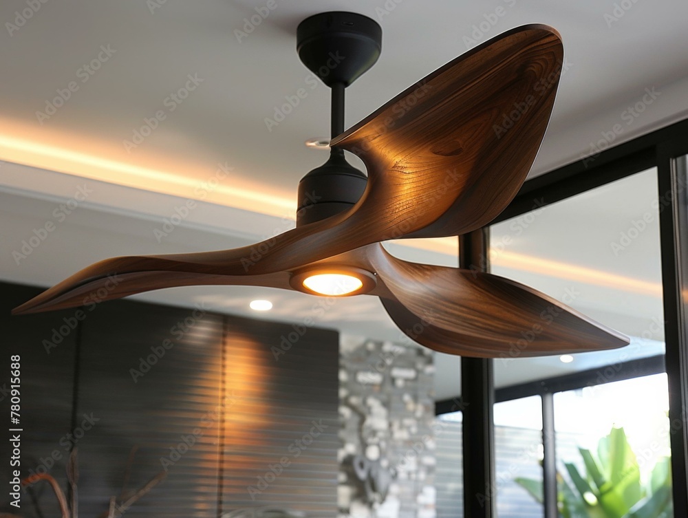 Poster a modern ceiling fan with a light on it in a room. generative ai.
