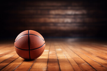 Close-up of basketball ball on glossy wooden court floor