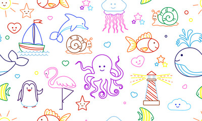 Fototapeta premium Seamless pattern with cute cartoon designs of sea animals and fish. Vector