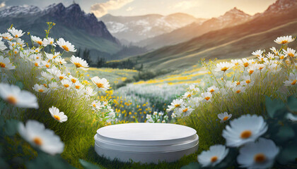 3D white spring table stand with floral podium display, showcasing natural beauty
