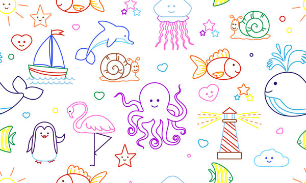 Seamless pattern with cute cartoon designs of sea animals and fish. Vector